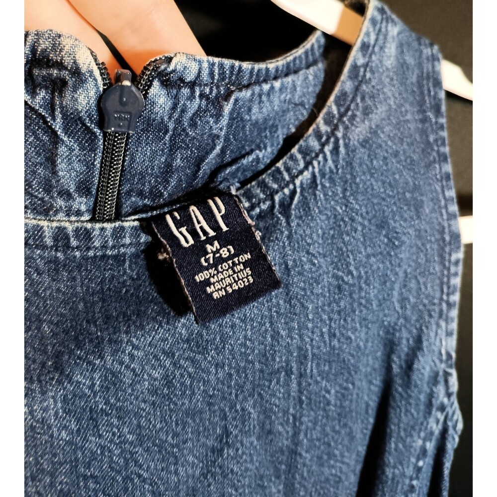 Vintage Gap Girls Denim Jumper Dress Size 5 Sleeveless Blue Casual Zip Flower - Picture 3 of 4